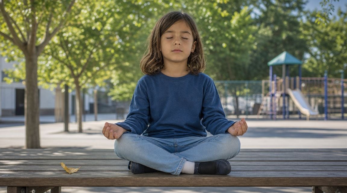 A young child sitting in a peaceful lotus position on a wooden bench at a quiet playground.