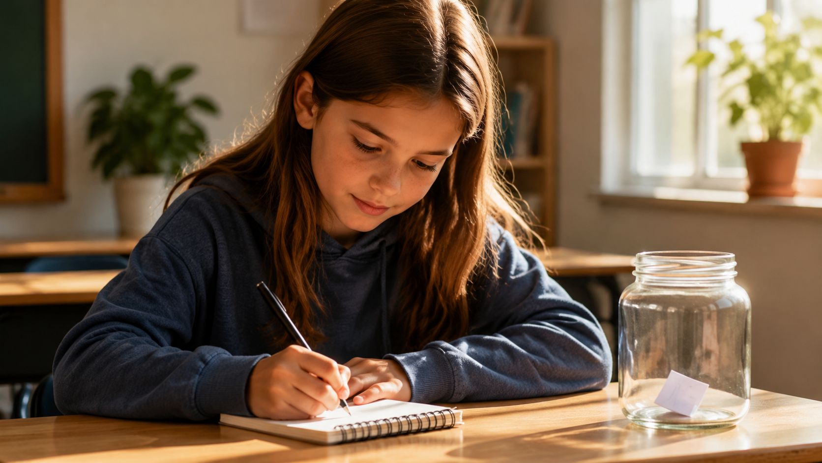 A young girl with long brown hair writes in a spiral notebook at her school desk.
