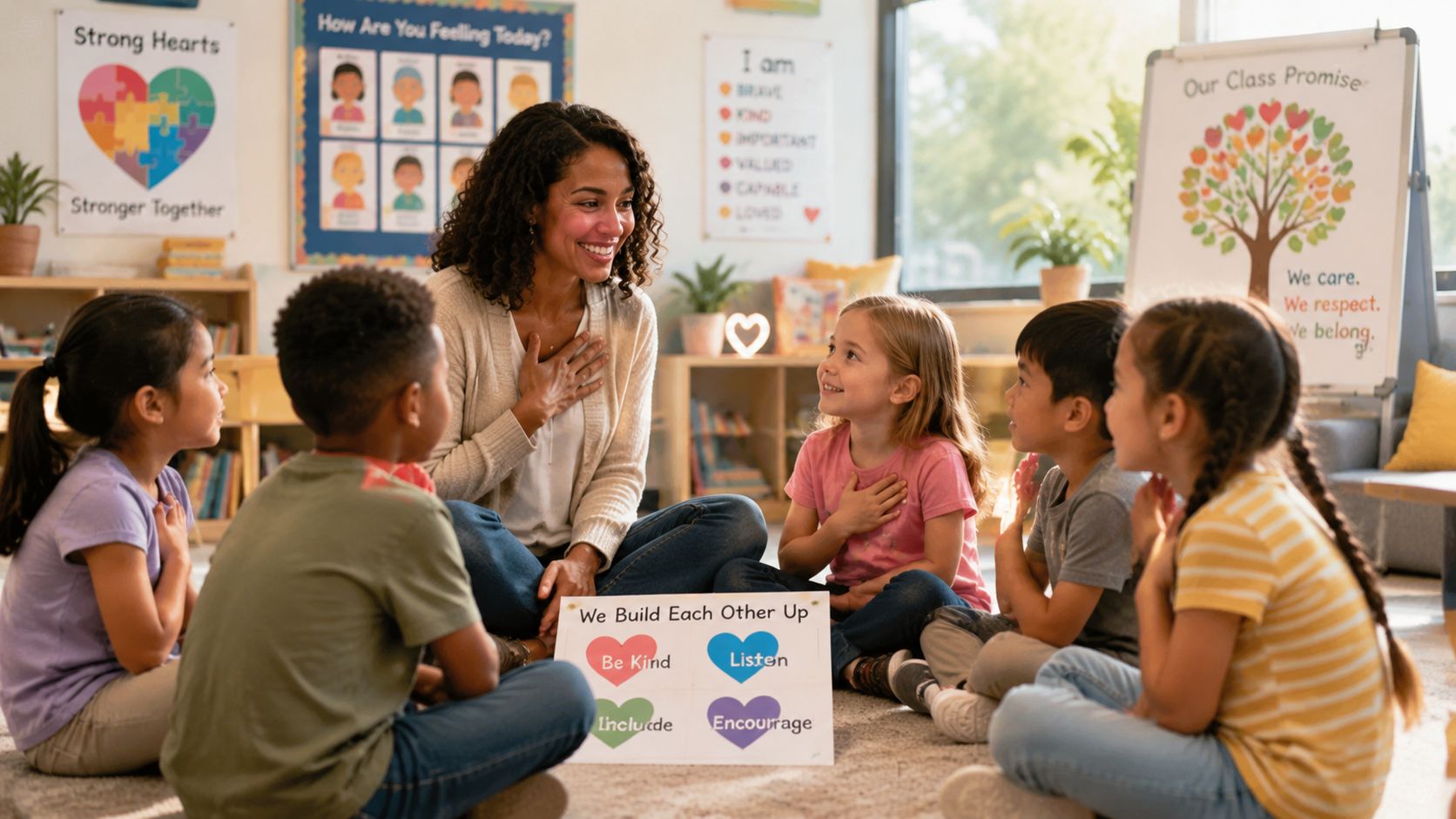 A friendly teacher sits in a circle with her young students in a warm, inclusive classroom setting.