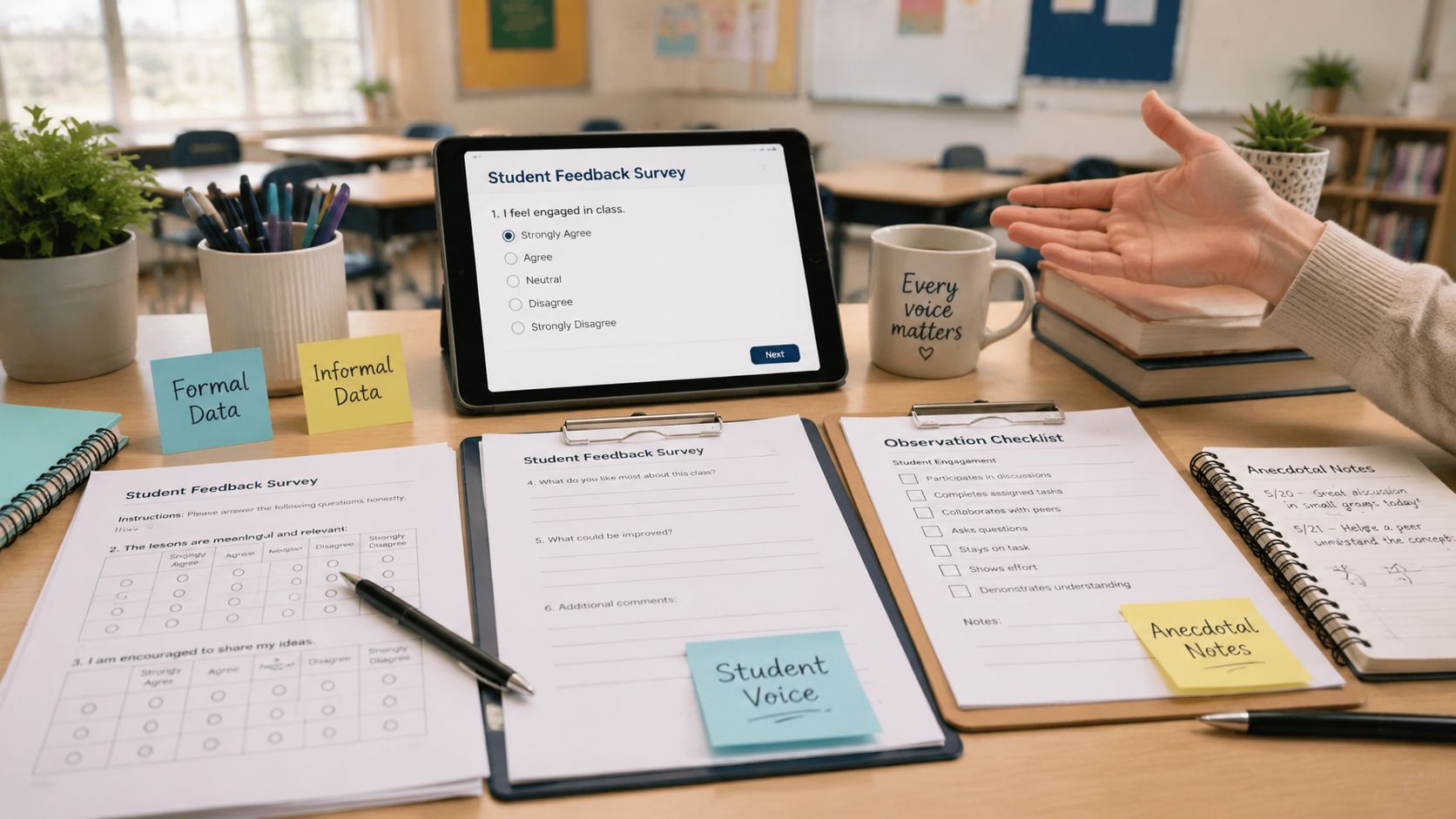 A teacher desk featuring digital and paper-based student feedback surveys, observation checklists, and anecdotal teaching notes.