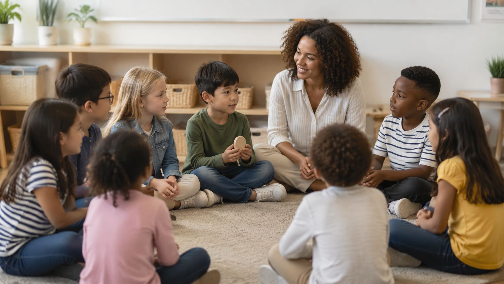 A diverse group of elementary school children sitting in a circle with their teacher during class.
