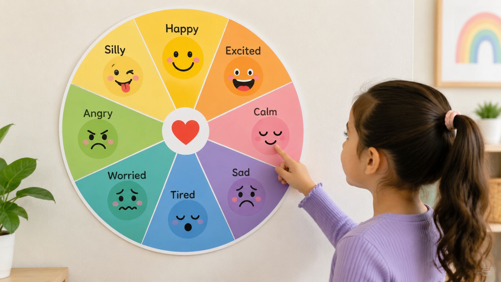A young girl points to the calm emotion on a colorful feelings wheel poster on a wall.
