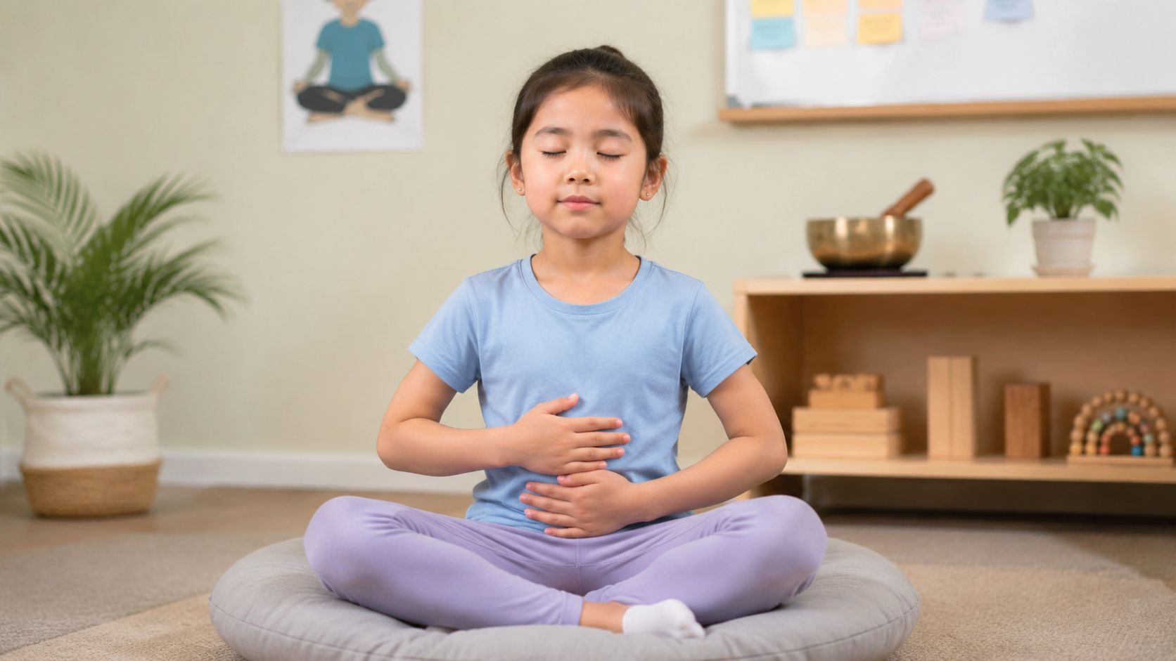 A young girl with eyes closed practicing mindful breathing while sitting cross-legged on a floor cushion.