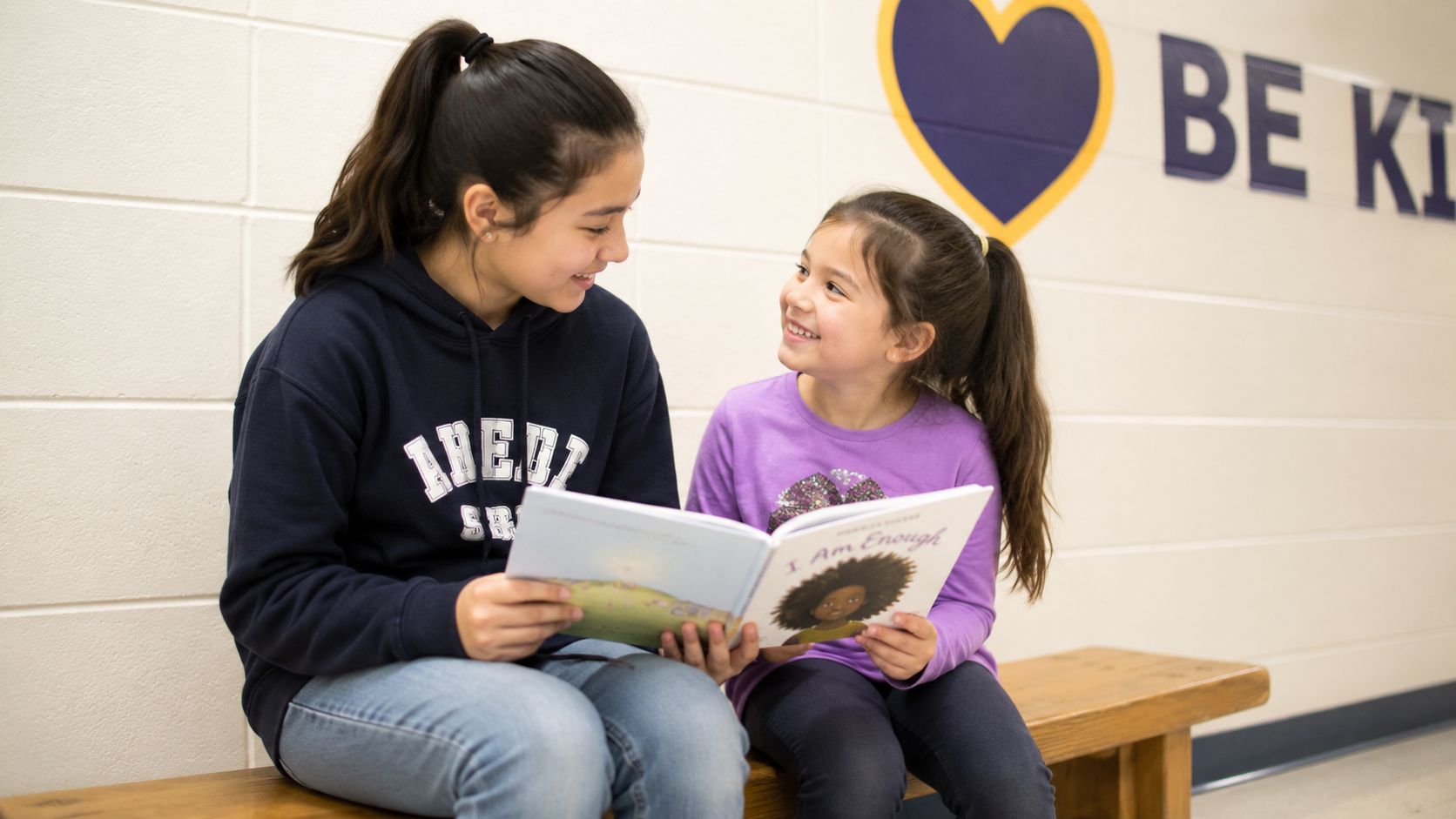 An older girl reading a book to a young girl on a bench in a hallway.