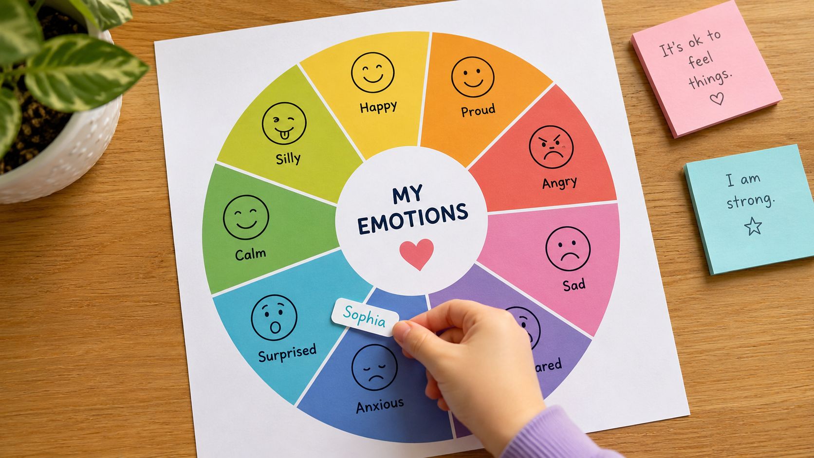 A child placing a name tag on an emotions wheel chart for self-awareness and emotional identification exercises.
