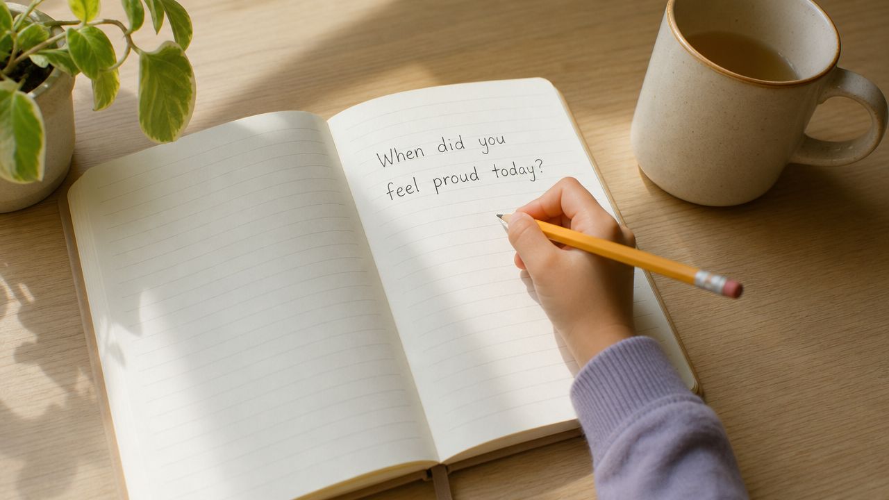 A hand writes the question "When did you feel proud today?" in a journal on a desk.