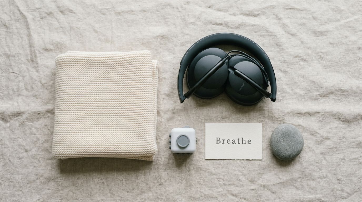 A flatlay of a folded beige blanket, noise-canceling headphones, a fidget cube, a note saying Breathe, and a stone.