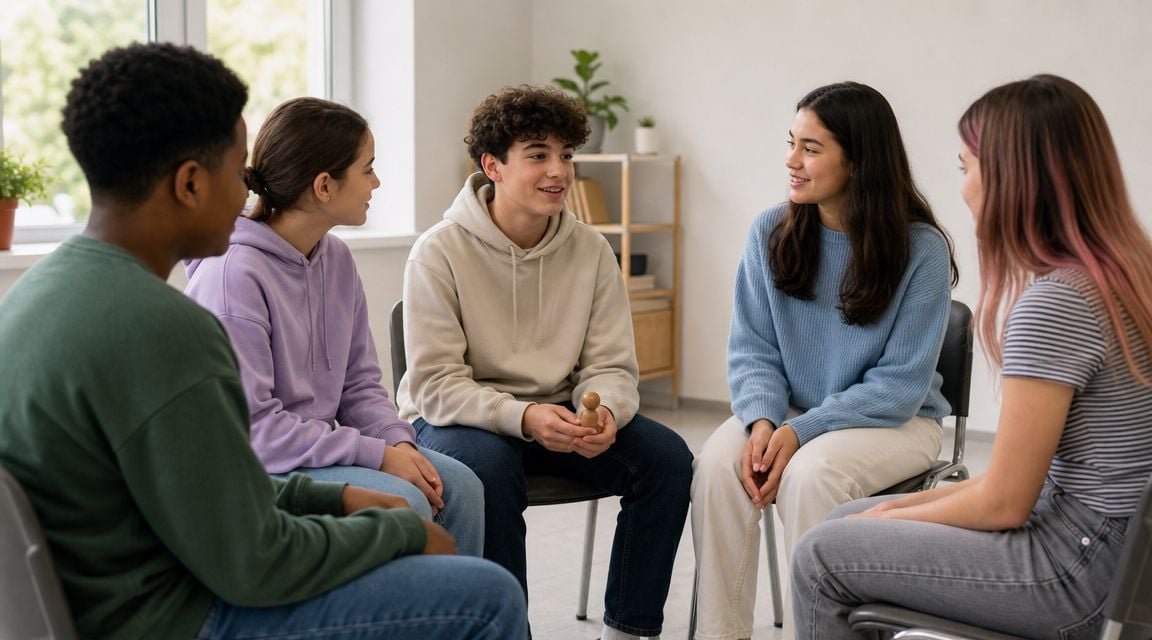 A diverse group of teenagers sitting in a circle during a team building activity in a bright room.