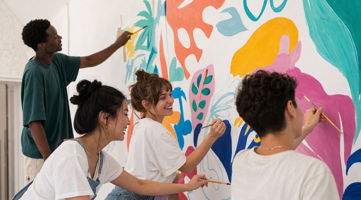 A diverse group of young friends collaborating on a colorful, abstract floral mural painting together.