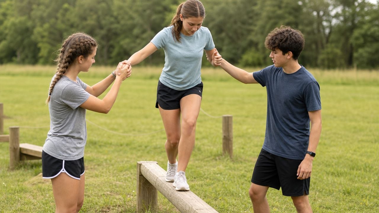 Two teenagers assisting another girl as she balances on a wooden log in a grassy field.