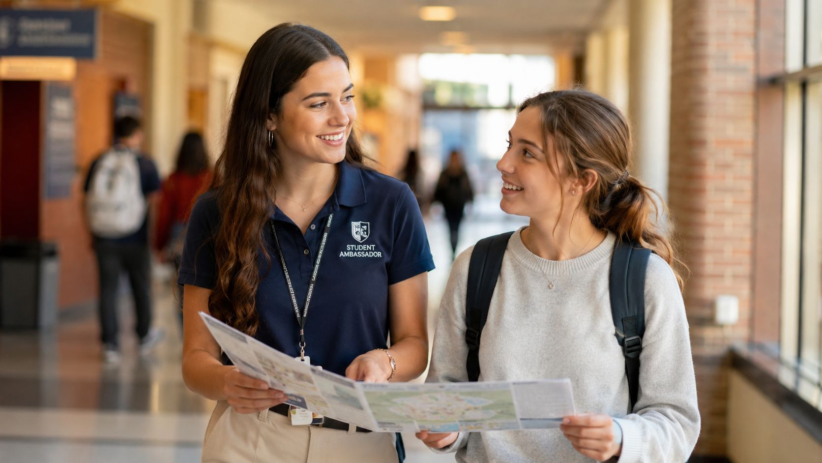 A friendly student ambassador guiding a new student with a campus map inside a university building.