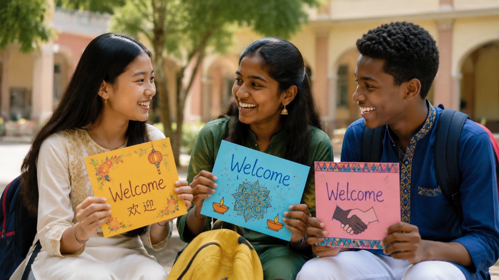 Three smiling students of diverse backgrounds holding colorful hand-drawn welcome signs outdoors on a school campus.