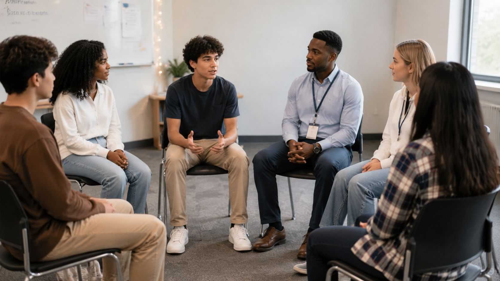 A diverse group of students and a counselor sitting in a circle for a supportive group meeting.