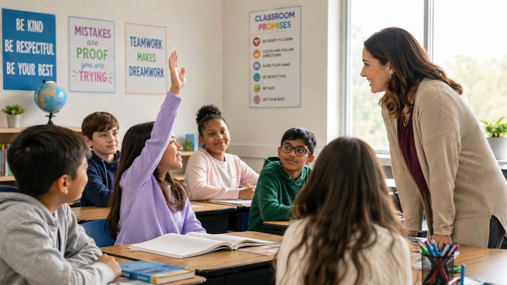 A friendly female teacher engaging with diverse students in a bright, modern, and encouraging classroom setting.