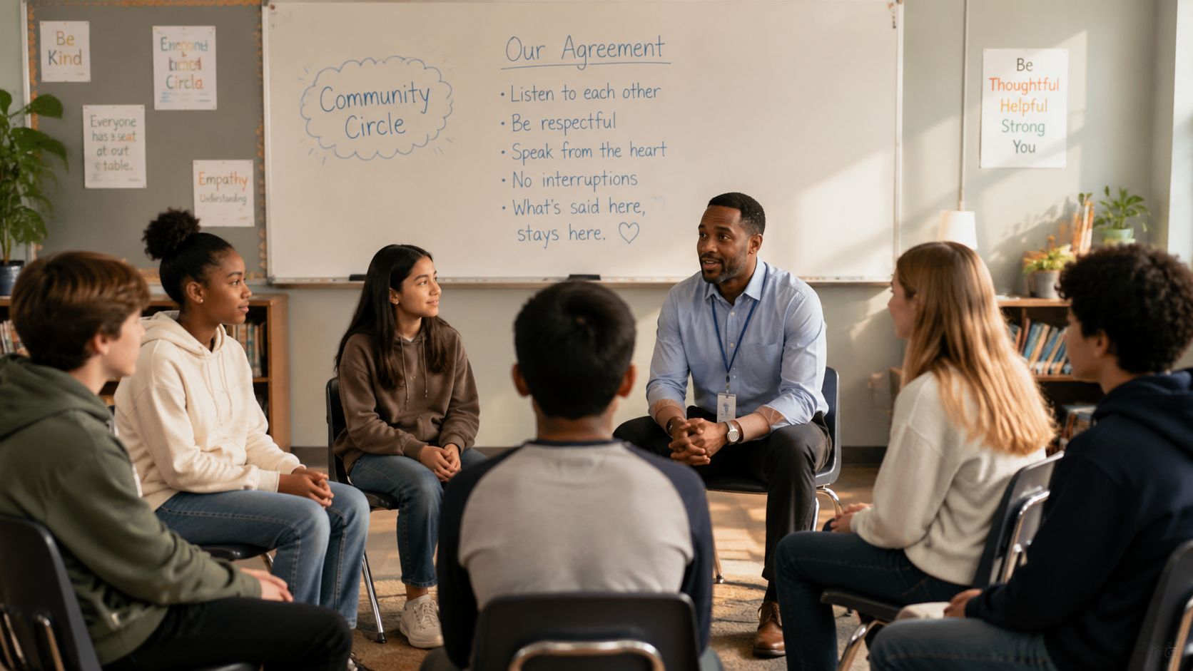 A teacher leading a group circle discussion with middle school students in a classroom setting.