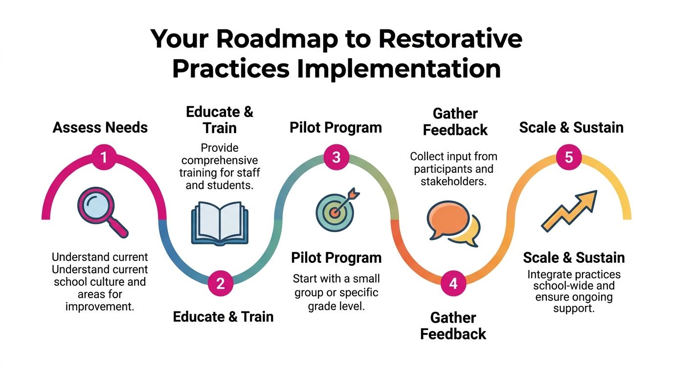 A flowchart showing a five-step roadmap for implementing restorative practices in a school setting.