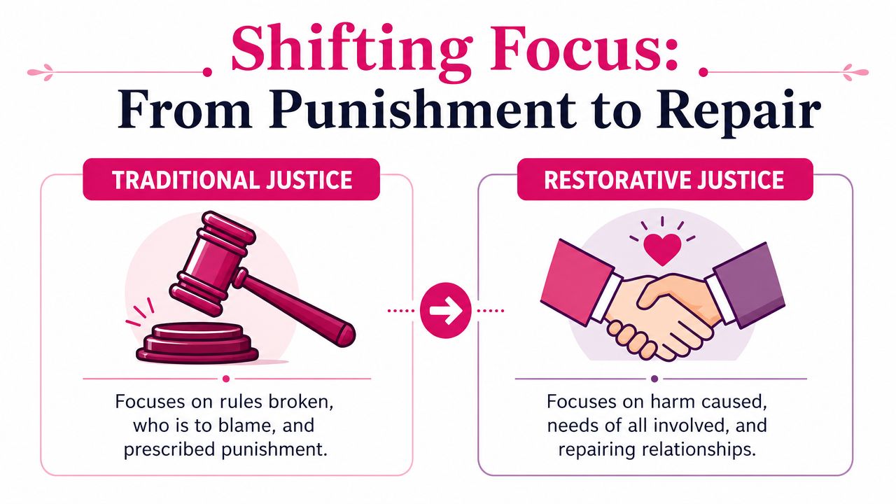 A comparison chart showing the difference between traditional justice and restorative justice concepts and goals.