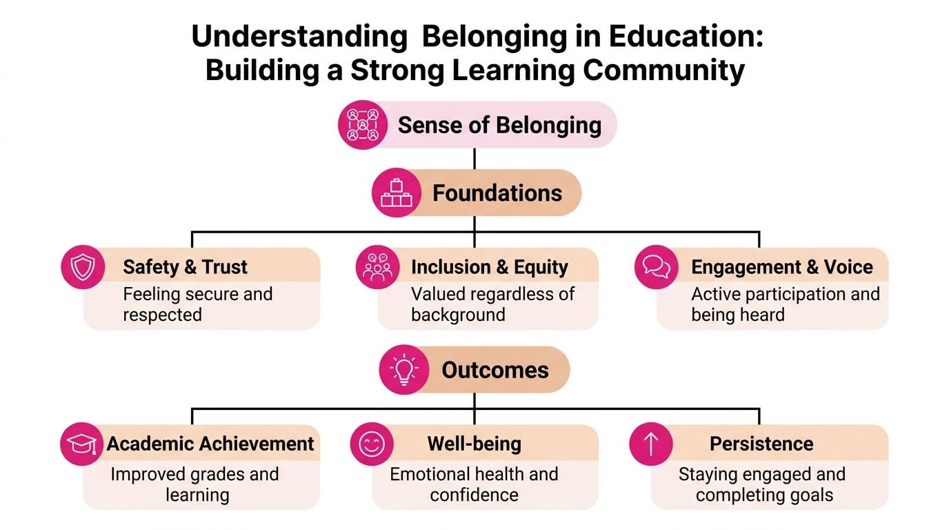 A diagram outlining the foundations of sense of belonging in education and its resulting positive student outcomes.