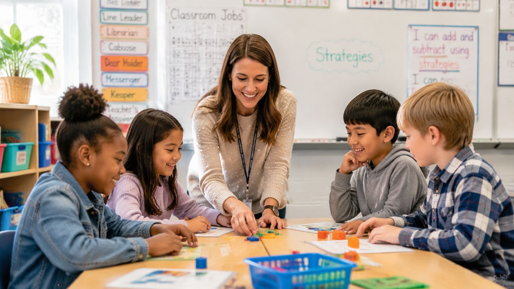 A teacher smiling while helping a small group of diverse elementary students with a math lesson.