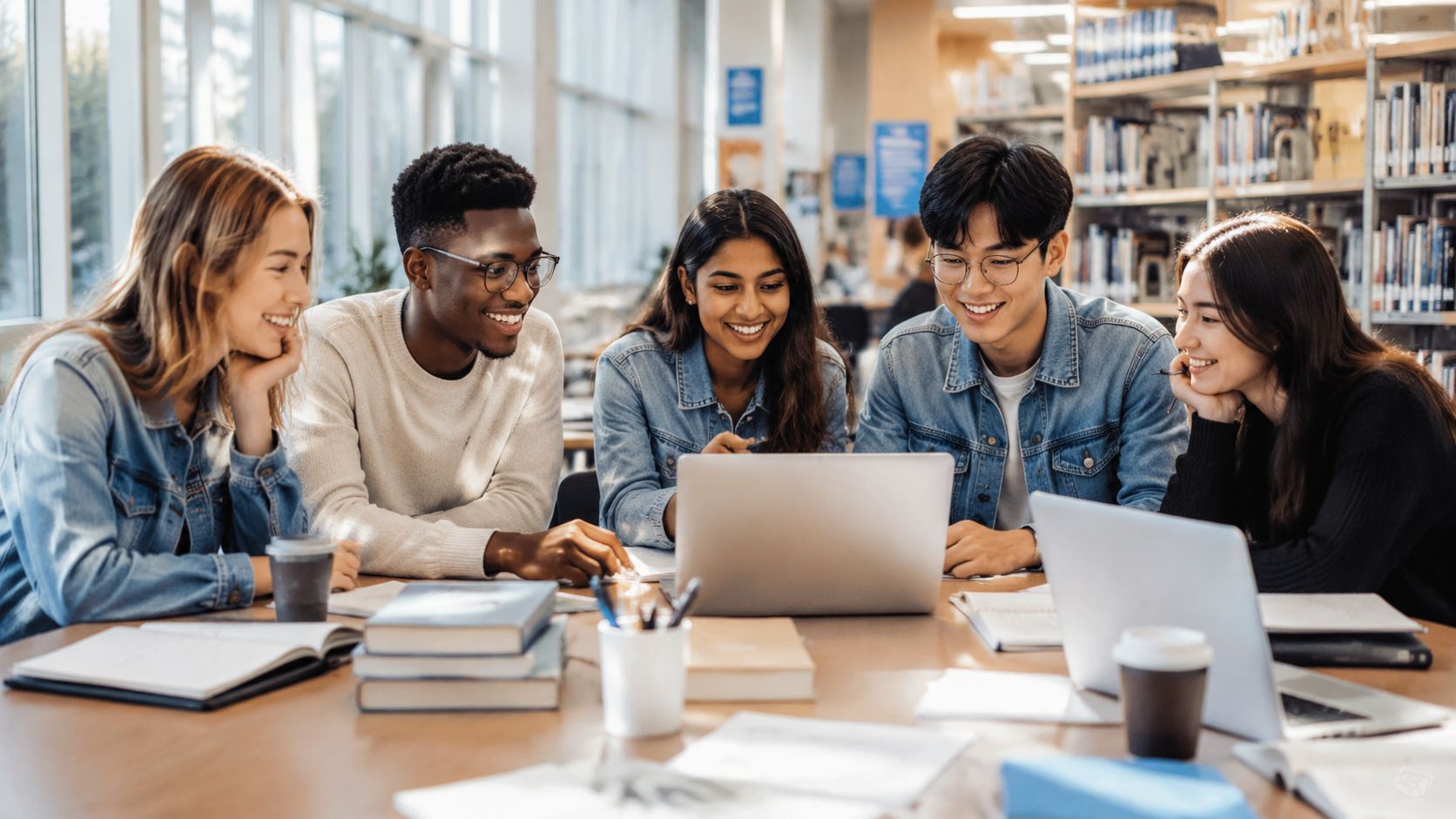 A diverse group of university students collaborate and study together on their laptops in a bright library.