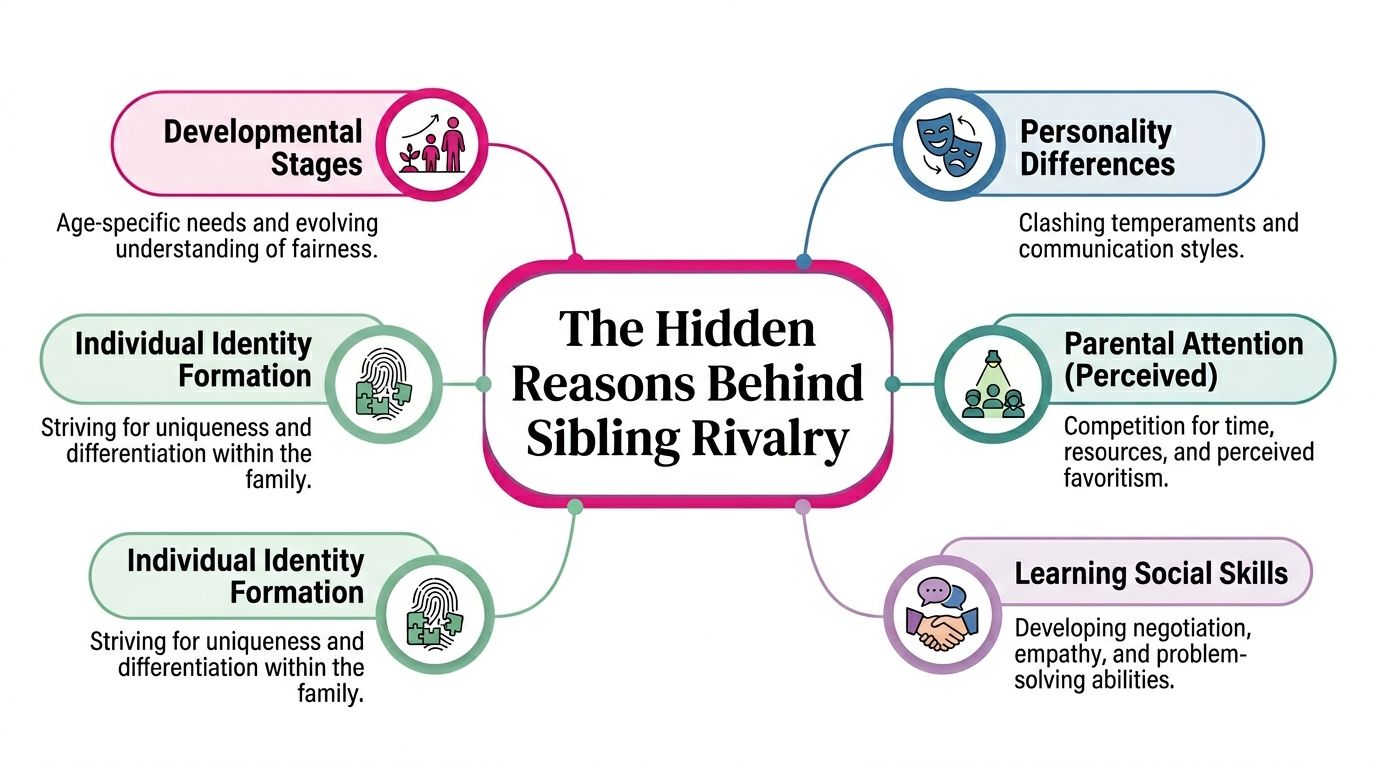 A mind map infographic illustrating the hidden psychological and social reasons behind sibling rivalry and conflict.