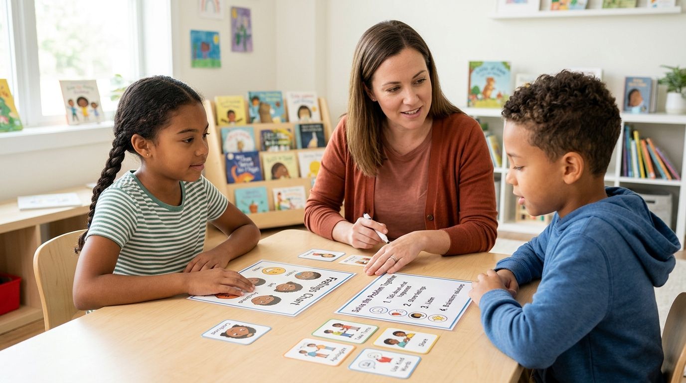 A teacher facilitates a social-emotional learning session with two children using a feelings and problem-solving chart.