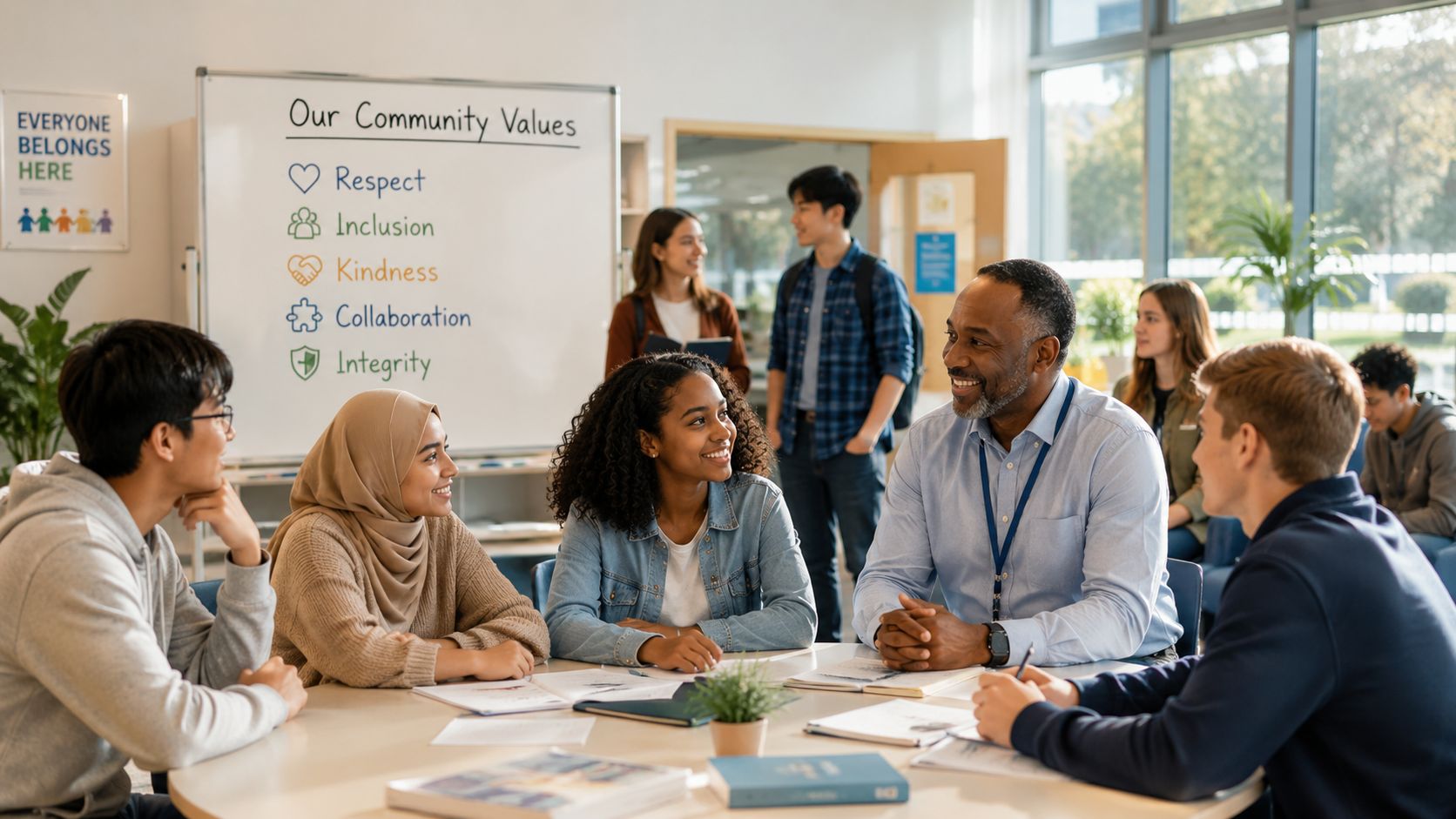 A diverse group of high school students discussing with their teacher in a classroom setting.