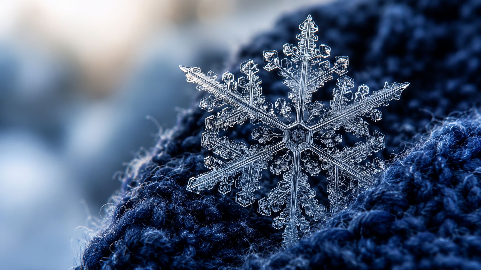 A highly detailed, crystalline snowflake resting delicately on a textured, deep blue knitted wool sweater fabric.