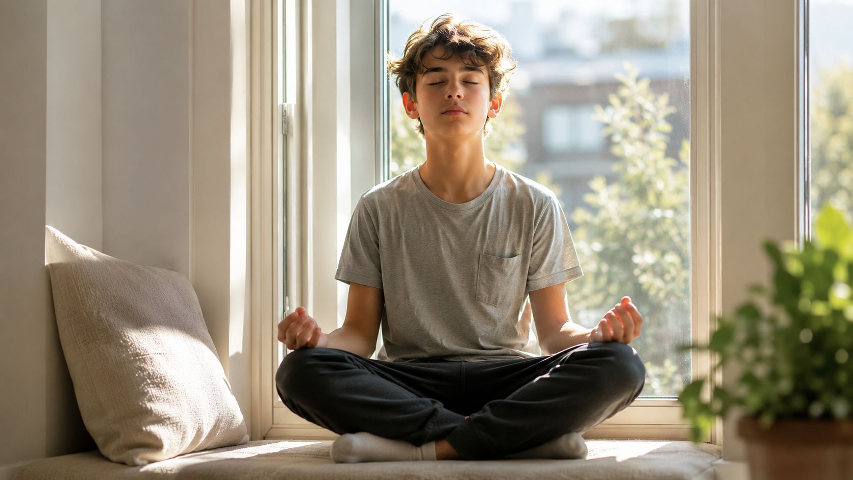 A young teenage boy sitting peacefully in a lotus position, practicing meditation near a sunlit window.