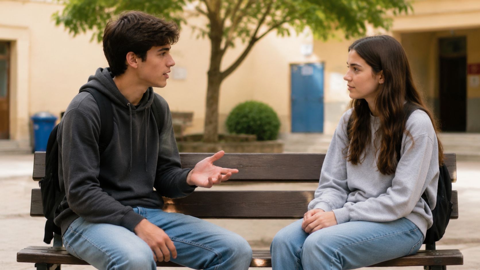 A teenage boy and a teenage girl having an earnest conversation while sitting on a park bench.