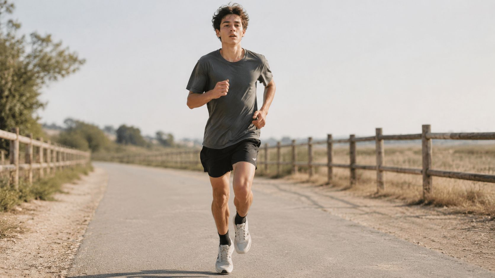 A young male teenager running along a rural path, focusing on outdoor physical exercise and healthy habits.
