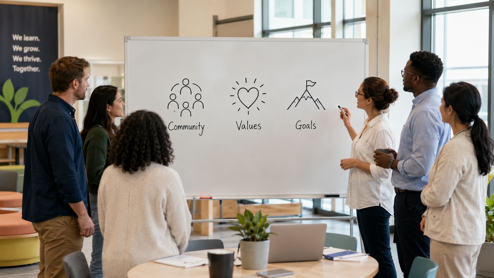 A diverse group of colleagues collaborating in an office while brainstorming community, values, and goals on a whiteboard.
