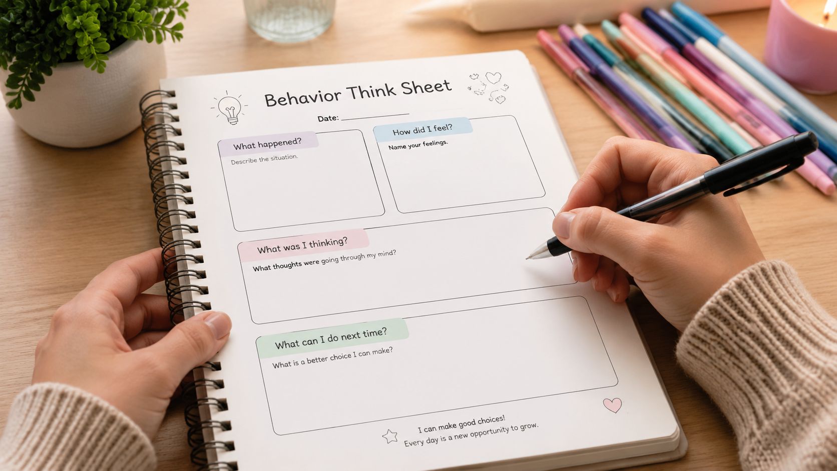 A person writing in a Behavior Think Sheet notebook on a desk with colored pens and a plant.