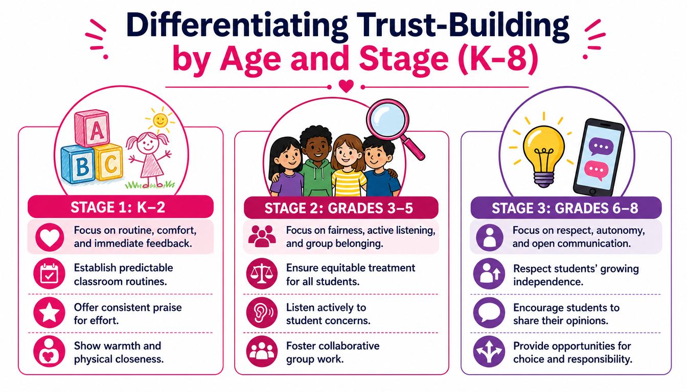An infographic showing three stages of trust-building techniques for students across K-8 grade levels.
