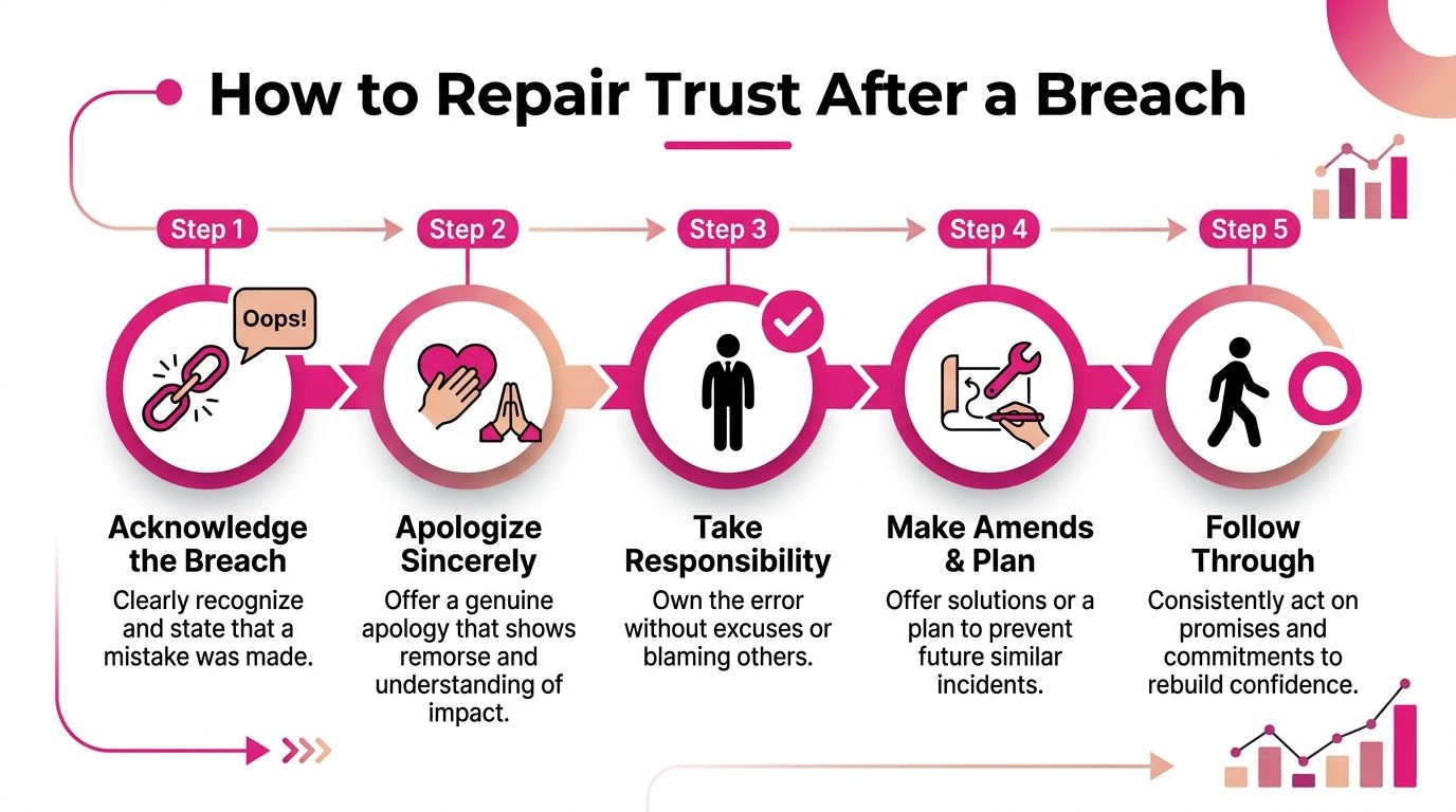 An infographic titled How to Repair Trust After a Breach showing a five step process.
