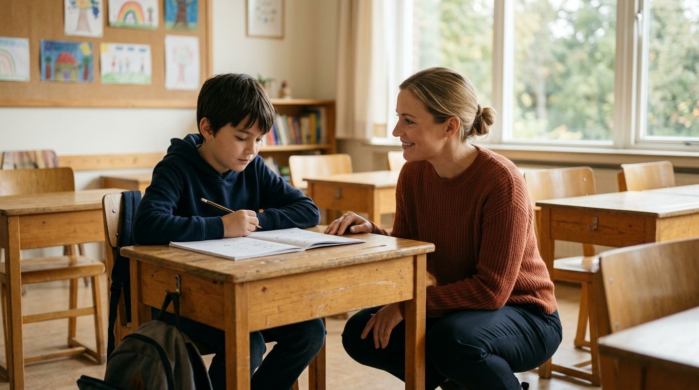 A supportive teacher sits beside a young student, guiding him as he works at his school desk.