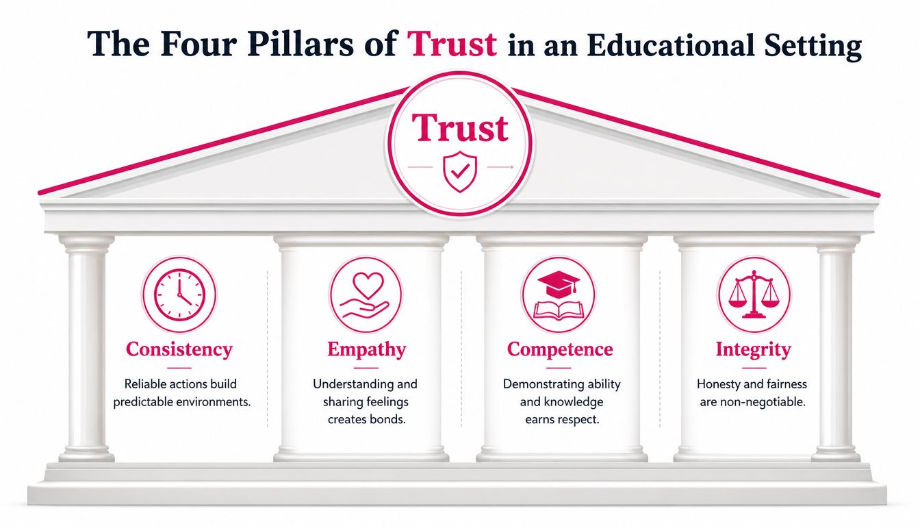 A graphic depicting four pillars of trust in an educational setting: consistency, empathy, competence, and integrity.