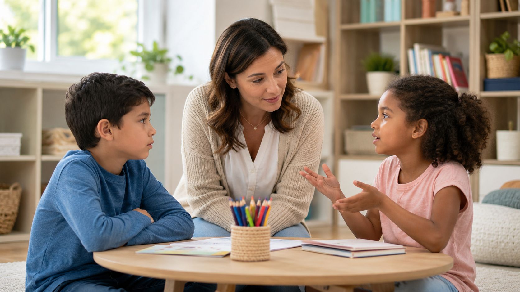 A teacher engaging in a discussion with two young students during a lesson at a table.