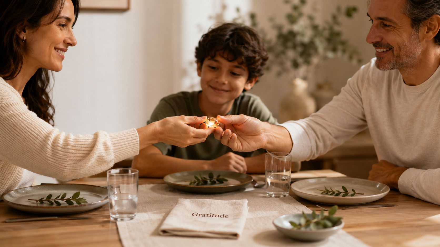 A family of three sharing a meaningful moment with a glowing crystal at the dinner table.