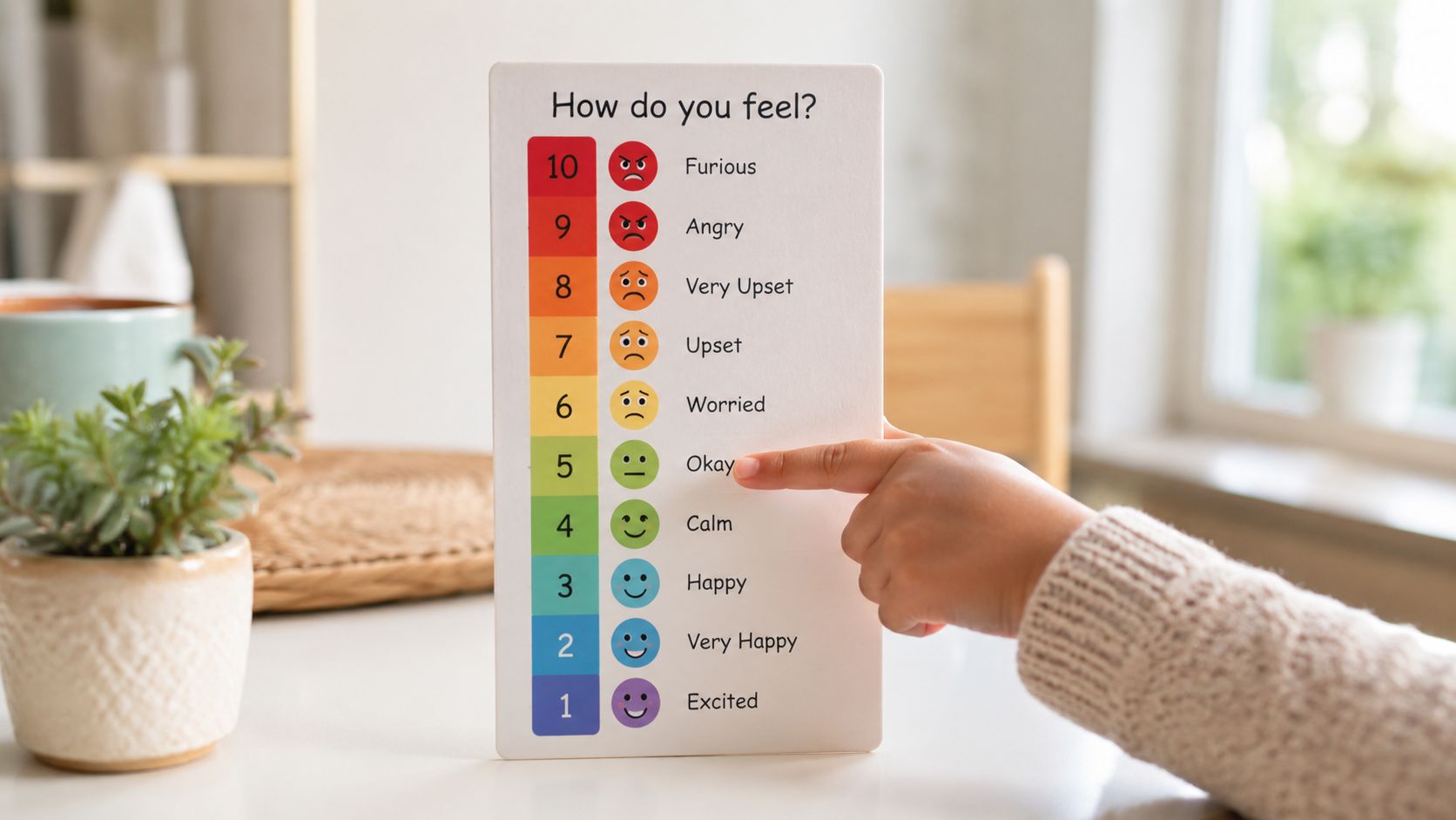 A child pointing to the okay emotion on a colorful feelings chart on a table.