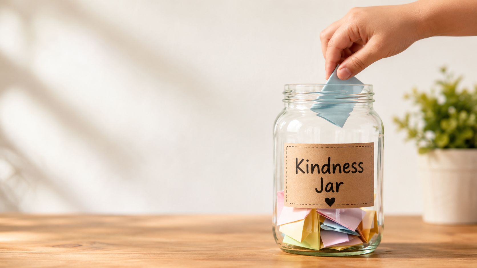 A hand placing a folded blue paper into a glass jar labeled Kindness Jar on a table.