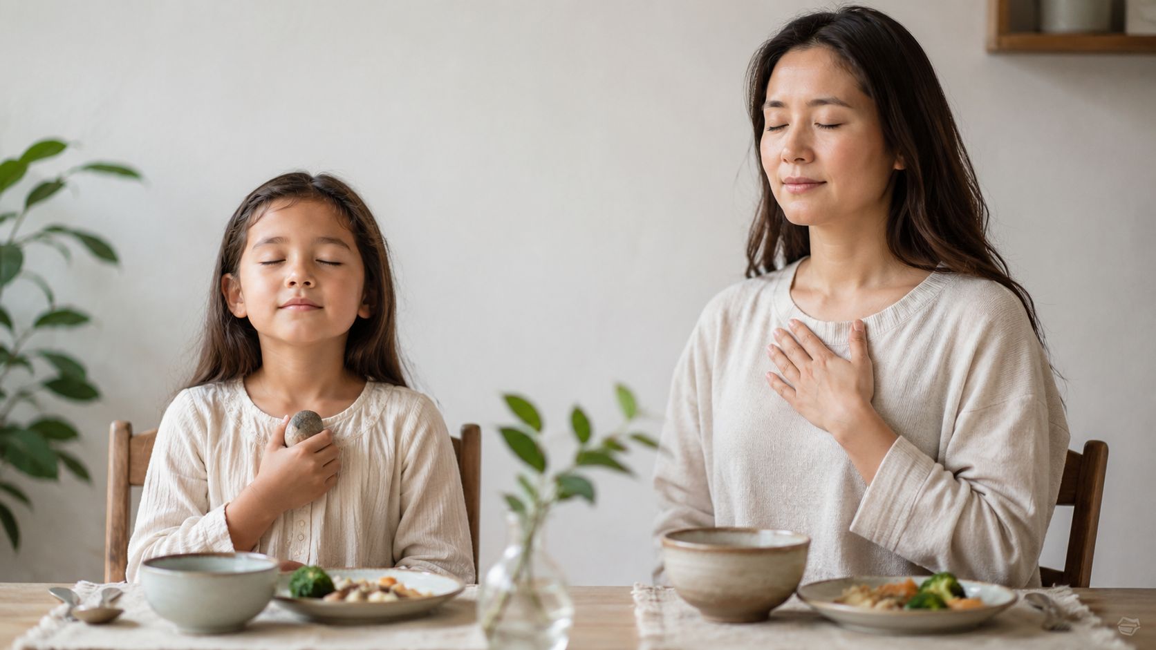 A mother and daughter sit at a dining table with closed eyes, practicing mindful gratitude before eating.