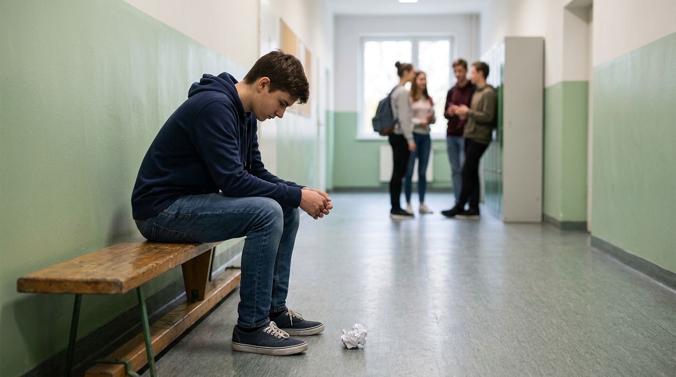 A lonely teenage boy sitting on a school bench while other students talk in the background.