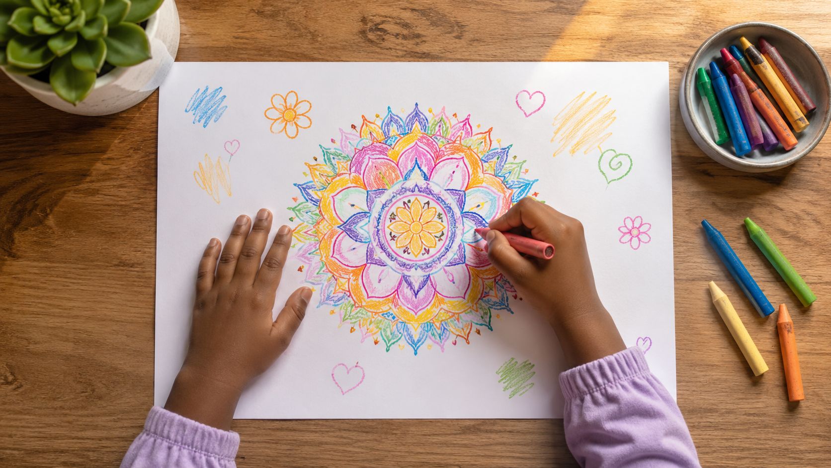 A child's hands coloring a detailed mandala drawing with colorful crayons on a wooden desk surface.