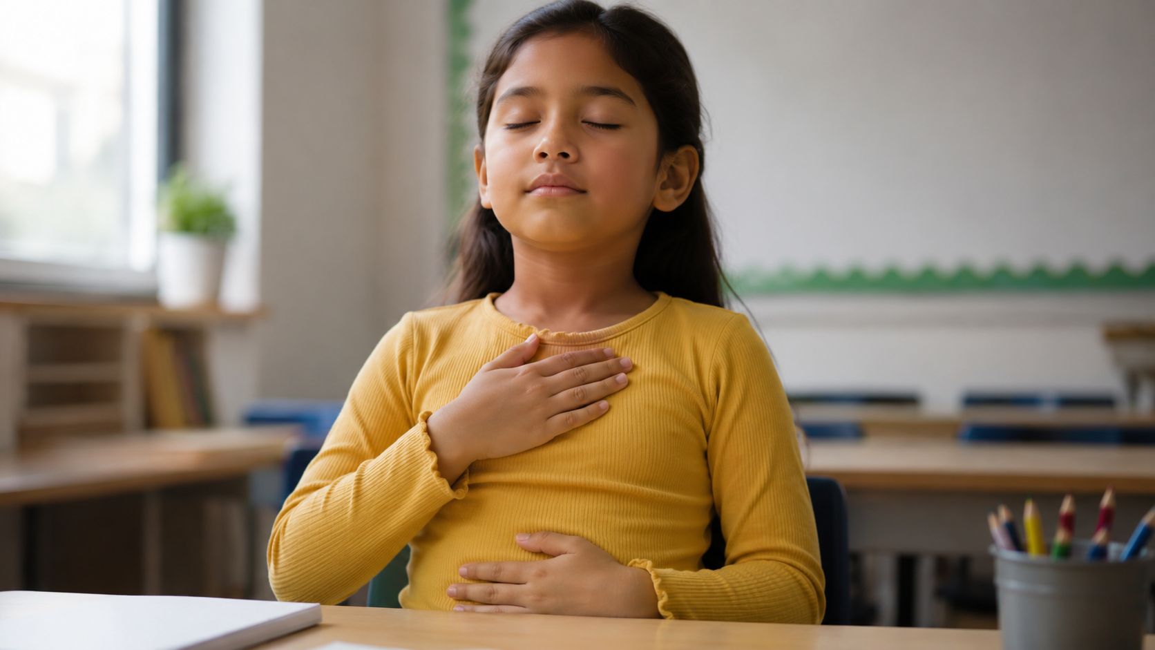 A young girl with eyes closed practicing mindfulness by placing hands on her chest and stomach in class.