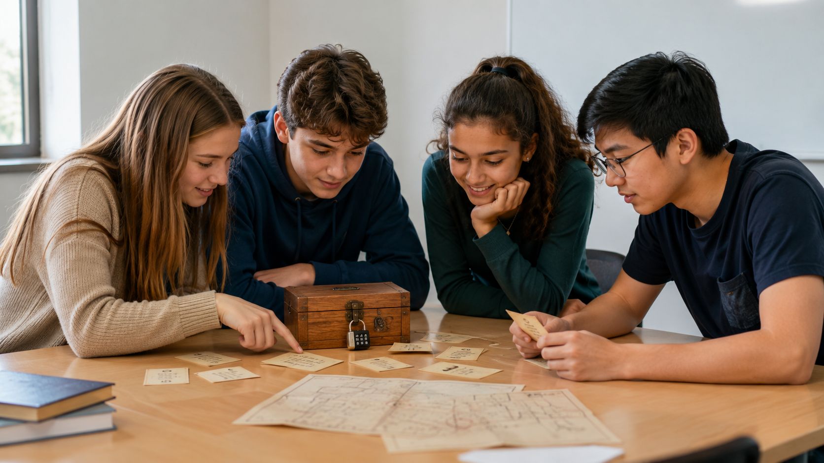Four students working together on a puzzle in a classroom setting with a wooden lockbox.