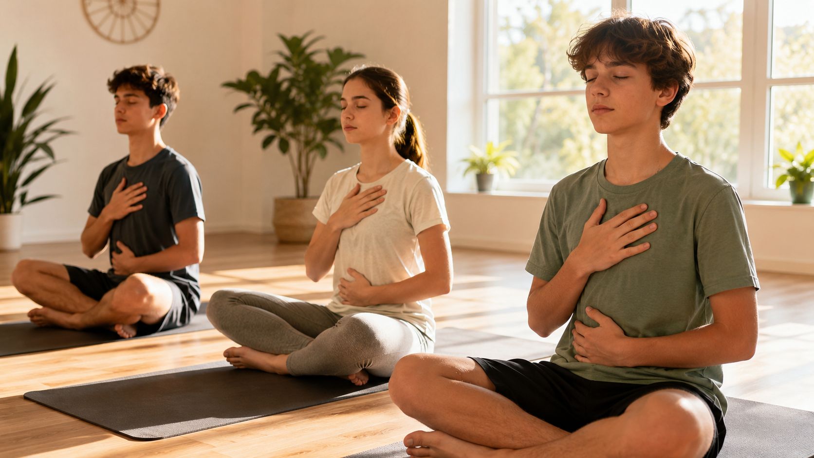 Three teenagers sitting on yoga mats in a sunlit studio, practicing mindful breathing with their eyes closed.