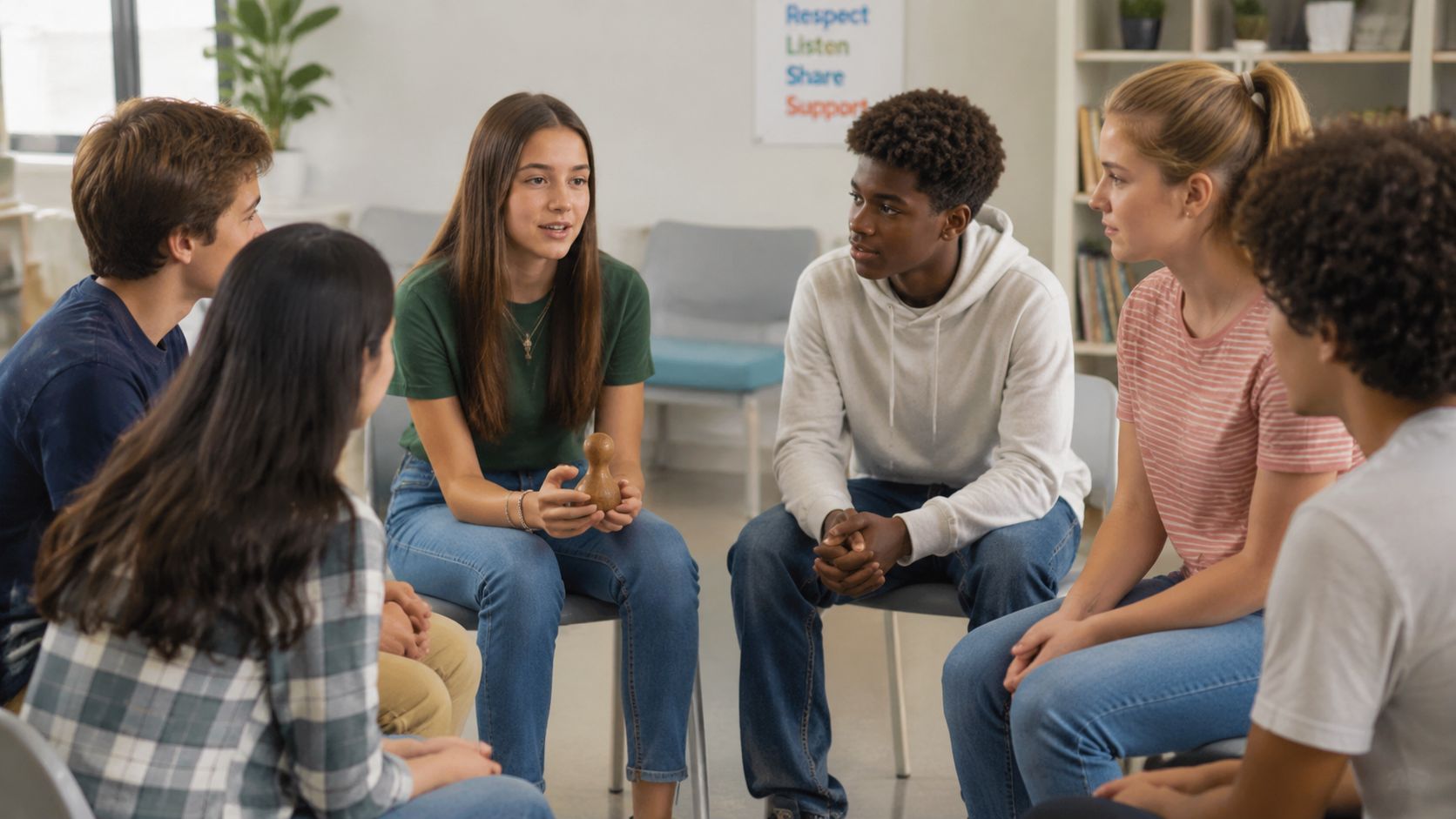 A diverse group of teenagers sitting in a circle during a support group or counseling session together.