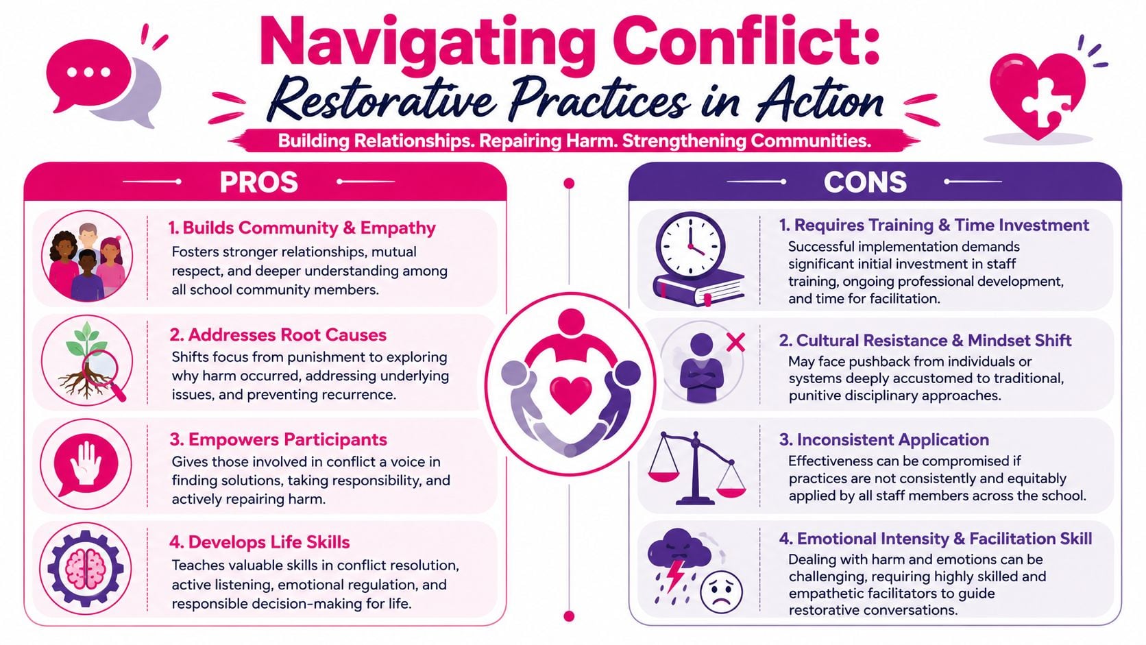 An infographic titled Navigating Conflict detailing the pros and cons of using restorative practices in schools.