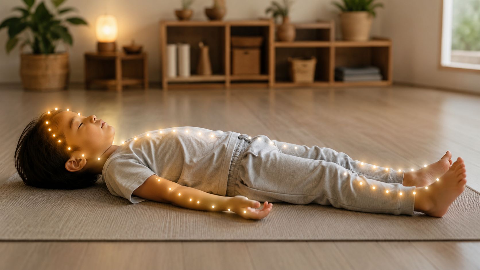 A young child lying on a yoga mat with glowing light points overlaid on their body.